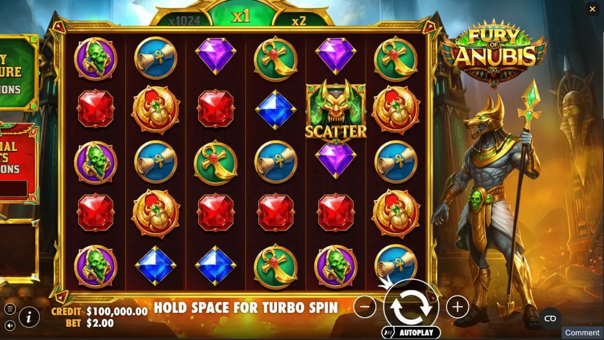 Tampilan visual slot Fury of Anubis dengan nuansa Mesir kuno dan simbol emas