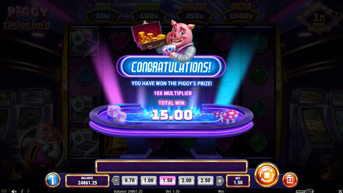 Tampilan visual slot Piggy Blitz Casino Gold dengan tema kasino mewah dan karakter babi