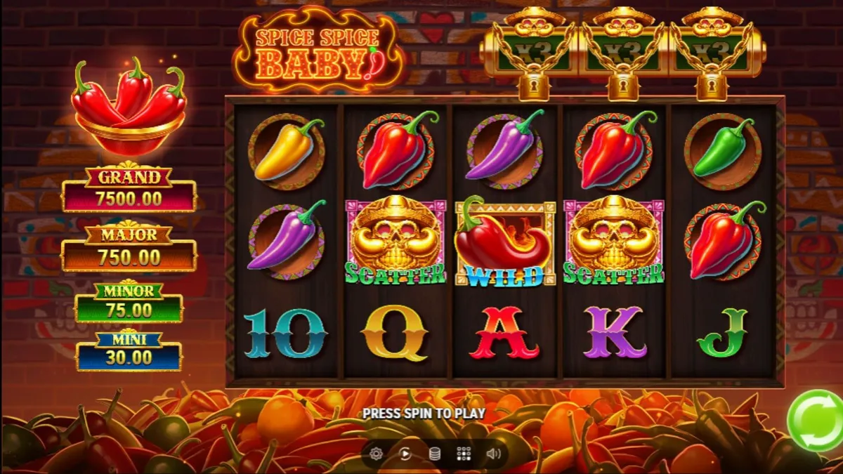Tampilan visual penuh warna dari slot Spice Spice Baby! dengan latar belakang gurun dan simbol cabai yang berapi-api.